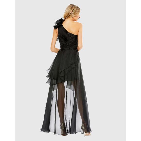 NWT MAC DUGGAL Black One Shoulder Ruffle Hi-Low Gown Sz 14 - Picture 3 of 3